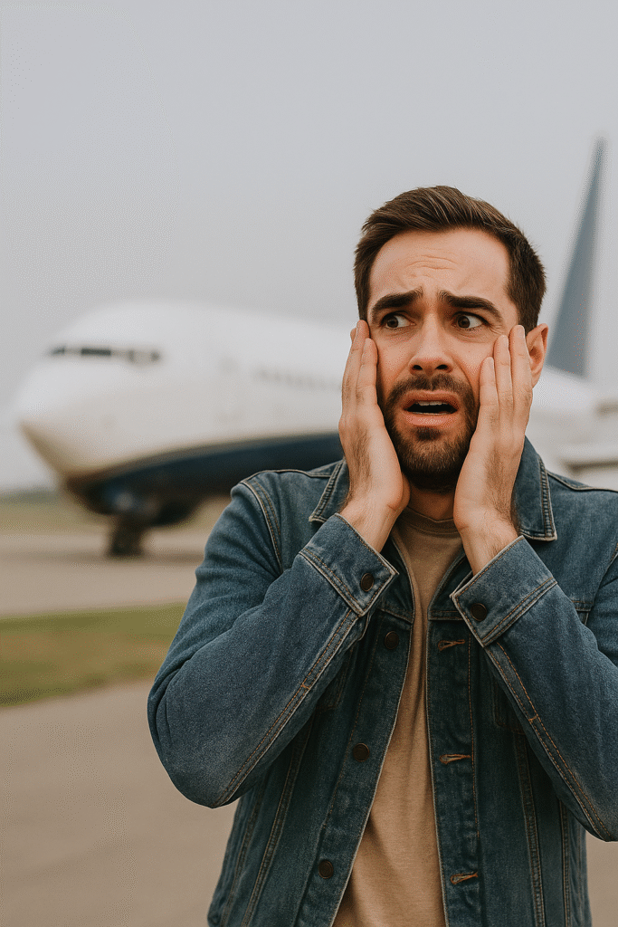 Homme anxieux regardant un avion, illustrant la peur de voler et les phobies traitées par la méthode JMV®